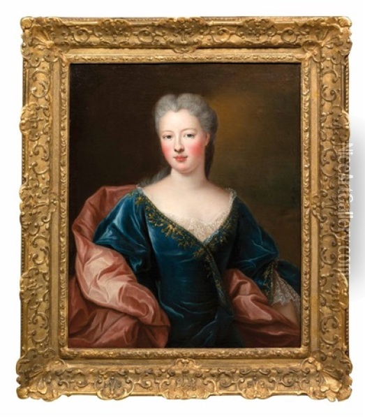 Portrait De Jeune Femme En Robe Bleue Brodee Oil Painting - Pierre Gobert