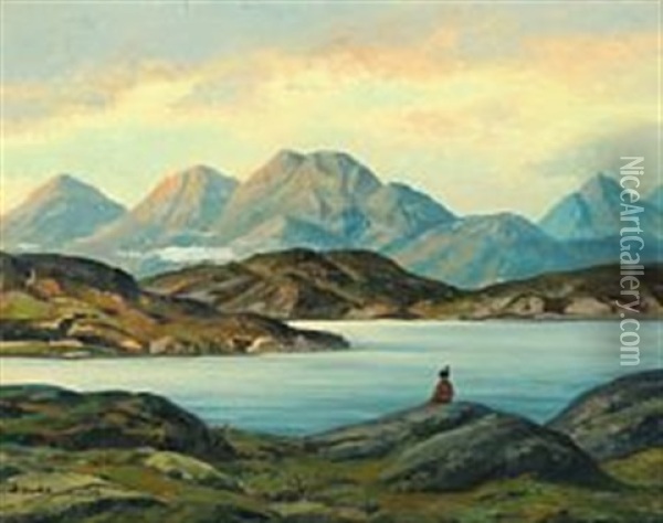 View From Oqaatsut/rodebay With Inuit Girl Viewing The Fells Of Greenland Oil Painting - Emanuel A. Petersen