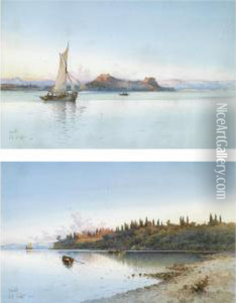 Mon Repos And The Citadel, Corfu - Two Views Oil Painting - Spyridon Scarvelli