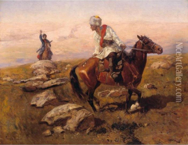 Two Riders Oil Painting - Franz Roubaud