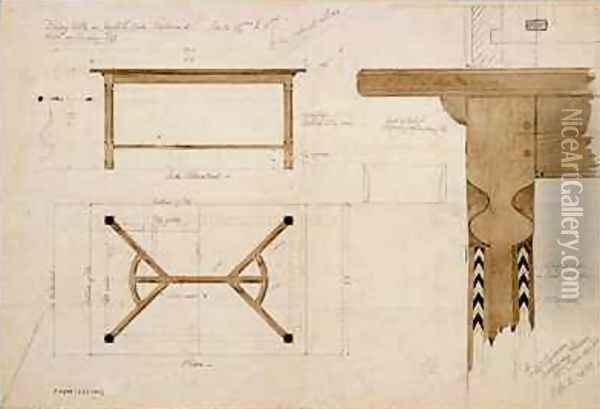 Design for a dining table in English oak darkened with a hayrake stretcher Oil Painting - Ernest William Gimson