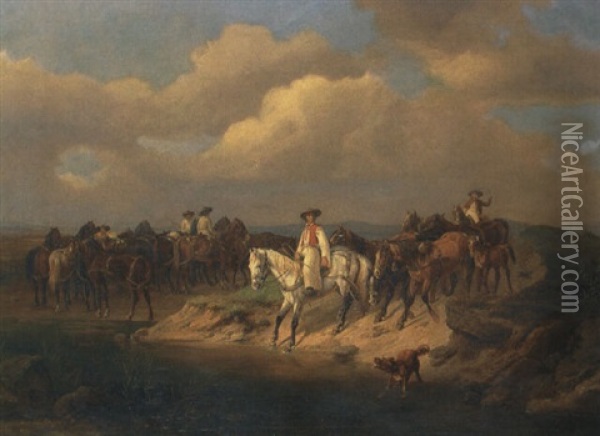 Ungarische Reiter Mit Pferden An Einer Furt Oil Painting - Franz Adam