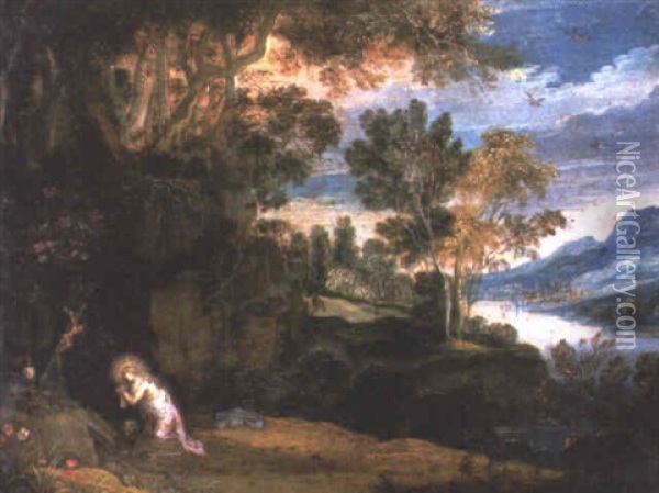 An Extensive Landscape With The Penitent Magdalen Oil Painting - Hendrik van der Borcht the Elder