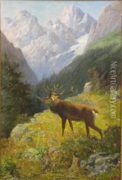 Rohrender Hirsch Im Hochgebirge Oil Painting - Ludwig Gustav Voltz