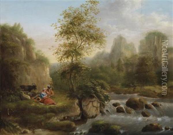 A Mountain Landscape With A Shepherd And Ashepherdess Near A Streamlet Oil Painting - Cantius Dillis