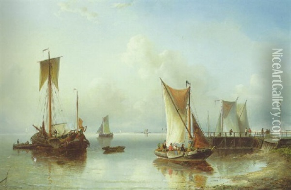 Dutch Sailing Vessels On The Scheldt Oil Painting - Nicolaas Riegen