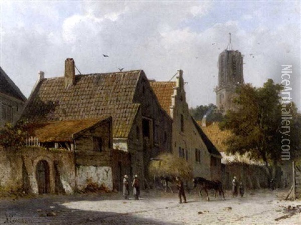 Villagers In A Sunny Street Oil Painting - Adrianus Eversen