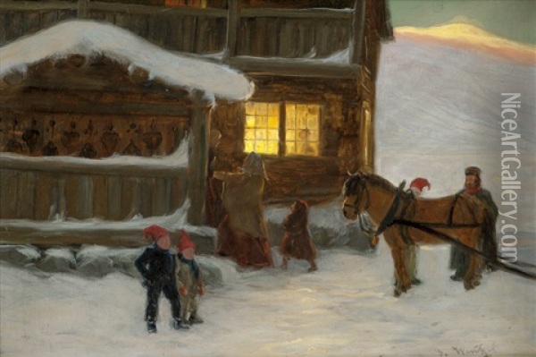 Fjellgard Med Folkeliv, Vinter Oil Painting - Nils Gustav Wentzel