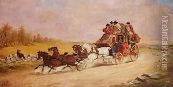 The Royal Mail Coach between the Fox and the Hunt 1881 Oil Painting - John Charles Maggs