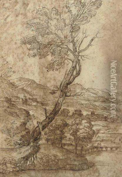 An Extensive Landscape With A Tree Oil Painting - Giovanni Francesco Grimaldi