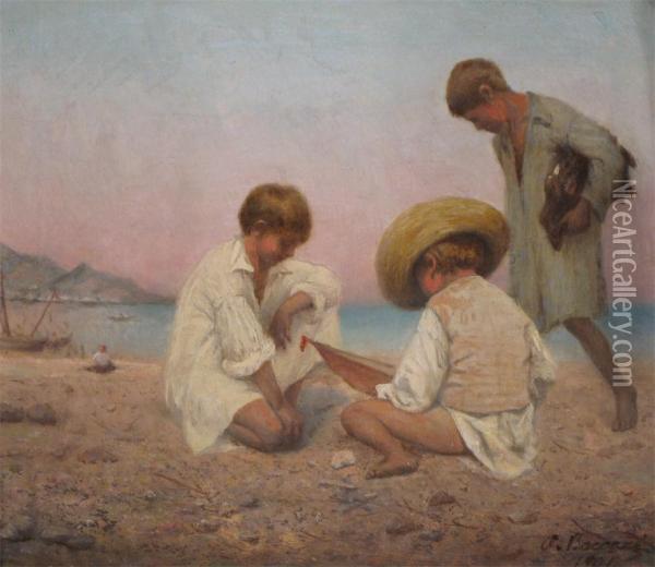 Three Boys On The Beach Oil Painting - Attilio Baccani