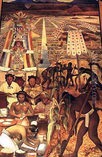 The Huastec Civilisation, detail showing the cultivation of the millenarian plant and natives making various corn dishes, 1950 Oil Painting - Diego Rivera