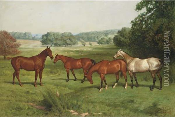 Four Hunters In A Parkland Landscape With Fallow Deer Beyond Oil Painting - Basil Nightingale