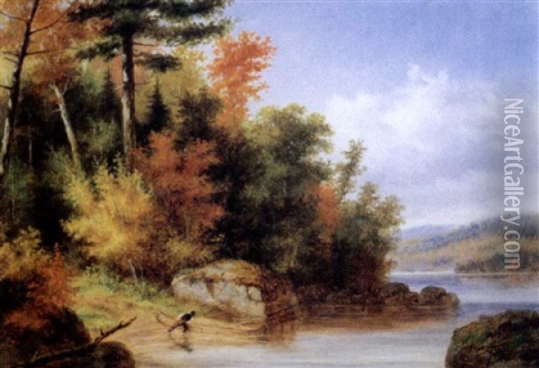Indian Launching His Canoe, Lake Memphramagog, Autumn Oil Painting - Cornelius David Krieghoff