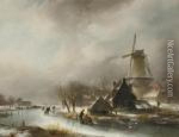 Skating On A Frozen Waterway By A Windmill Oil Painting - Andreas Schelfhout