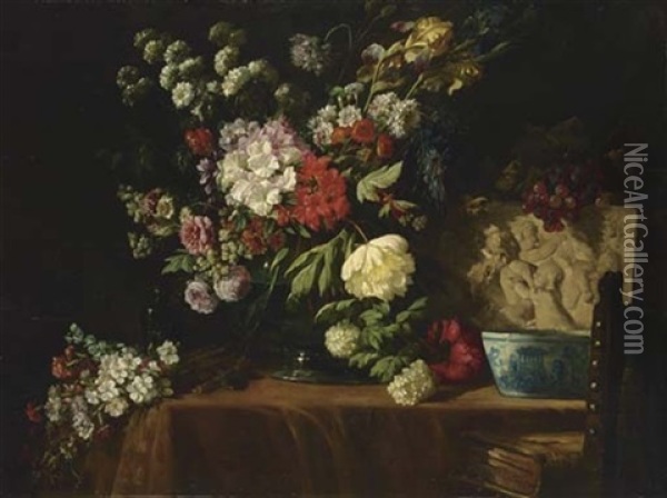 A Still Life With Flowers On A Table Oil Painting - Lucas Victor Schaefels