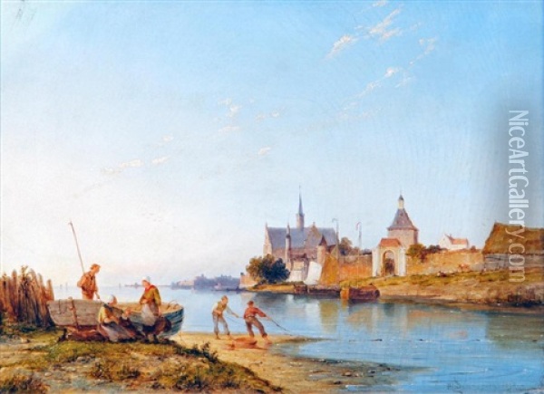 River Scene With Fisherfolk In The Foreground, A Town Beyond Oil Painting - Pieter Christian Dommersen