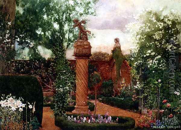 A Walled Garden with Statuary Oil Painting - A. Cox