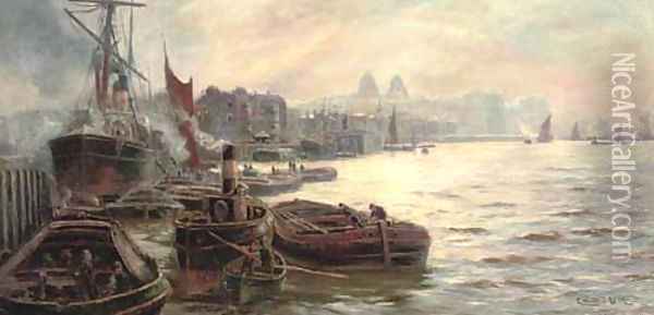 The busy docks at Greenwich Oil Painting - Charles John de Lacy