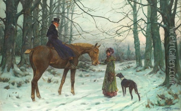 A Chance Encounter, Going Away; A Pair Each Oil Painting - George Wright