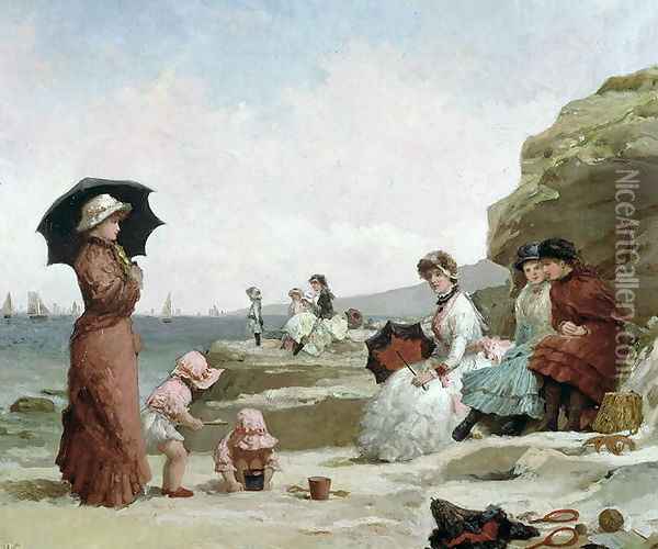 Seascape, Figures on a Beach, c.1870 Oil Painting - V. Chavigny