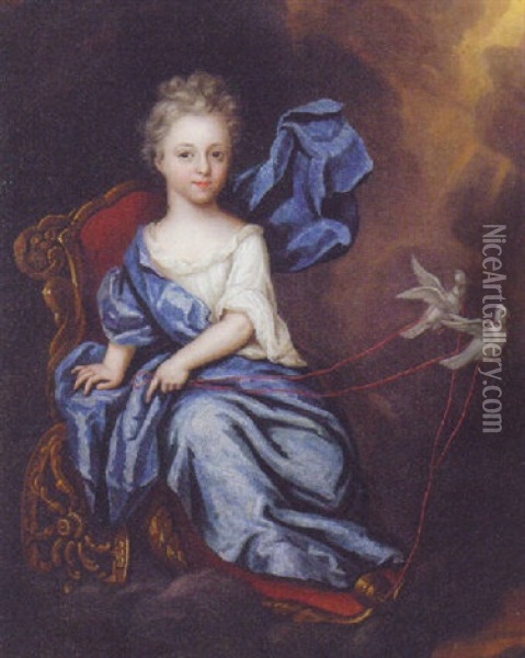 Portrait Of A Girl As Venus Wearing A Blue Dress, Seated On A Chariot Drawn By Doves Oil Painting - Pierre Gobert
