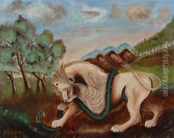 Lion Devorant Un Boa Oil Painting - Henri Rousseau