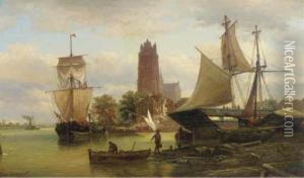 Moored Sailing Vessels At Dordrecht Harbour Oil Painting - Elias Pieter van Bommel