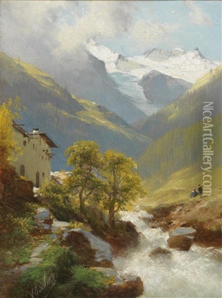 Mountain Landscape With Glacier In The Background Oil Painting - Leopold Heinrich Voescher