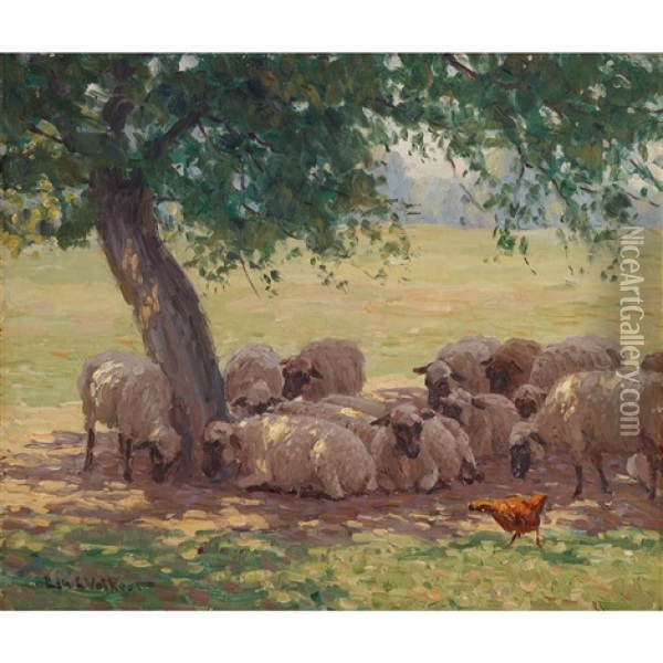 Chicken And Sheep In The Shade Oil Painting - Edward Charles Volkert