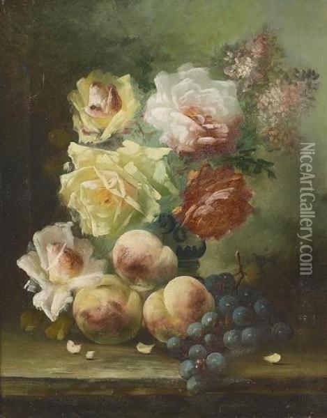 Bouquet De Roses Avec Peches Et Raisins. Oil Painting - R. Habert