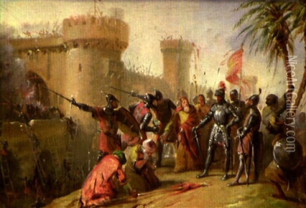 Combat Sous Les Murs D'antioche - Prise D'albare En 1098 (study) Oil Painting - Edouard Henri Theophile Pingret