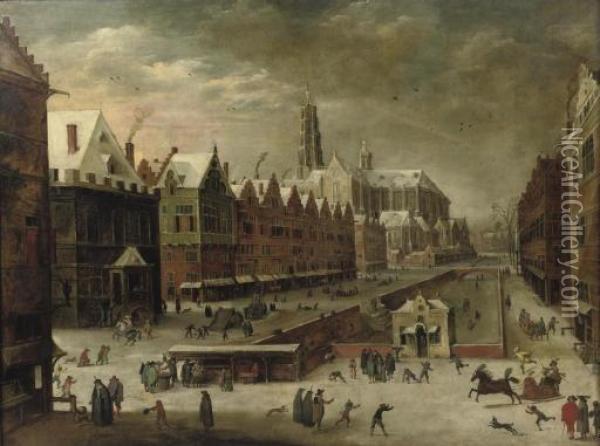 A Flemish Town In The Winter 
With Numerous Figures Near A Frozen Canal, A Cathedral Beyond Oil Painting - Joos De Momper