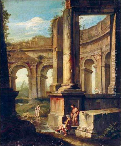 An Architectural Capriccio With Figures Amongst Ruins Oil Painting - Andrea Locatelli