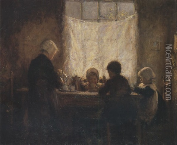Dutch Interior With Mother And Children Oil Painting - Robert Gemmell Hutchison