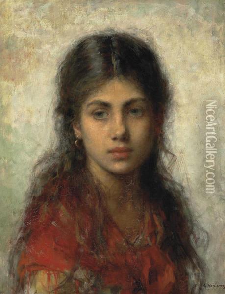 Girl With A Red Shawl Oil Painting - Alexei Alexeivich Harlamoff