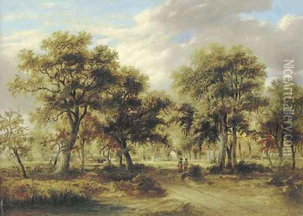 View of Richmond Park with figures on a path and cattle beyond Oil Painting - James Stark
