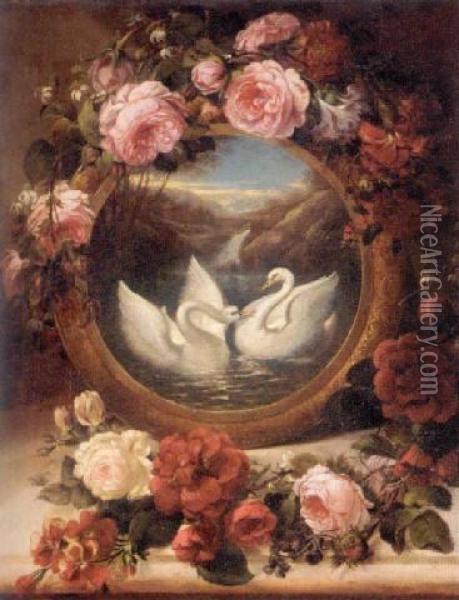Swans In A River Landscape Encircle With Roses Oil Painting - Siegfried Detlev Bendixen
