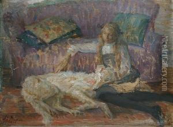 A Young Girl Seated With A Borzoi Oil Painting - Marie Louise Catherine Breslau