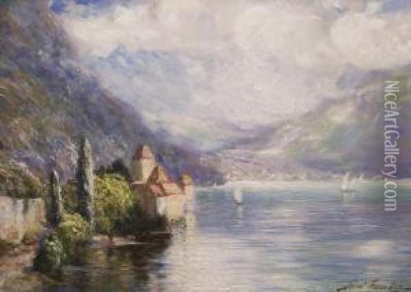 Lake Scene And Chateau Oil Painting - Robert Fowler