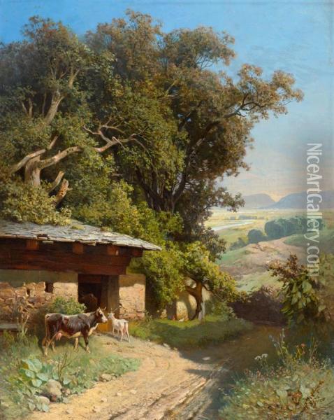 Summer Landscape With Cow Shed And Animals Oil Painting - Sebastian Habenschaden