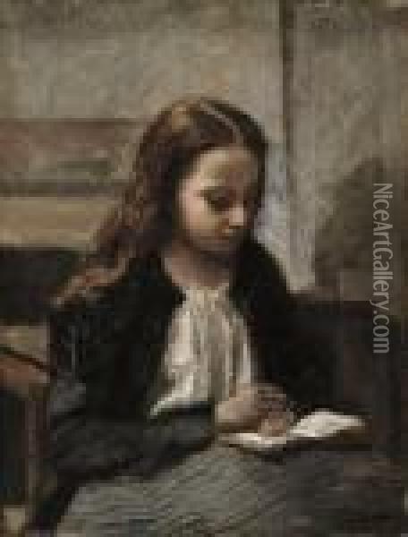 Jeune Fille Assise Lisant, Les Cheveux Sur Les Epaules Oil Painting - Jean-Baptiste-Camille Corot