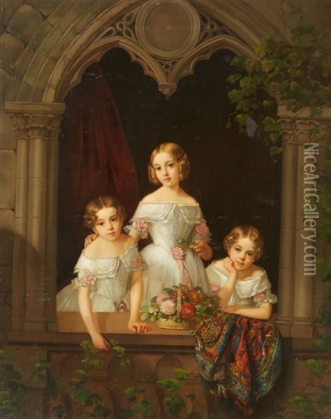 Three Girls By A Gothic Window Oil Painting - Morten Thrane Bruennich