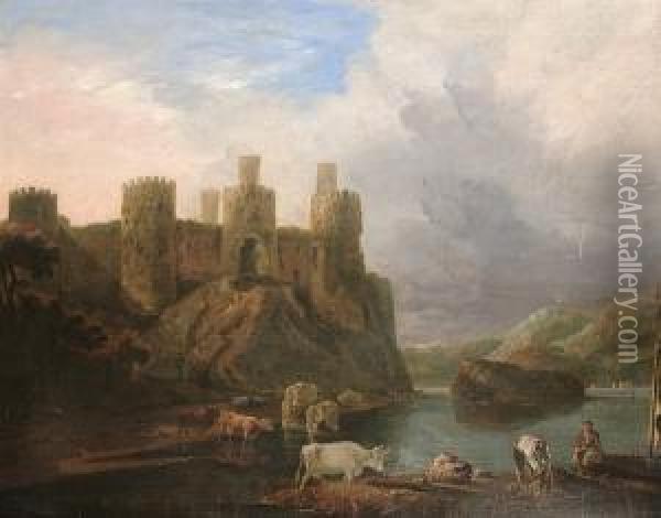 A Romantic Landscape With Fishermen Mending Nets Below A Castle Oil Painting - George Cuitt