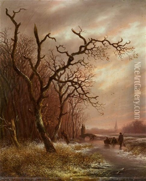Evening Winter Scene With Skaters Oil Painting - Andreas Schelfhout