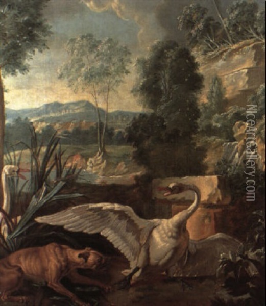 Dog Attacking Swans Oil Painting - Jean-Baptiste Oudry