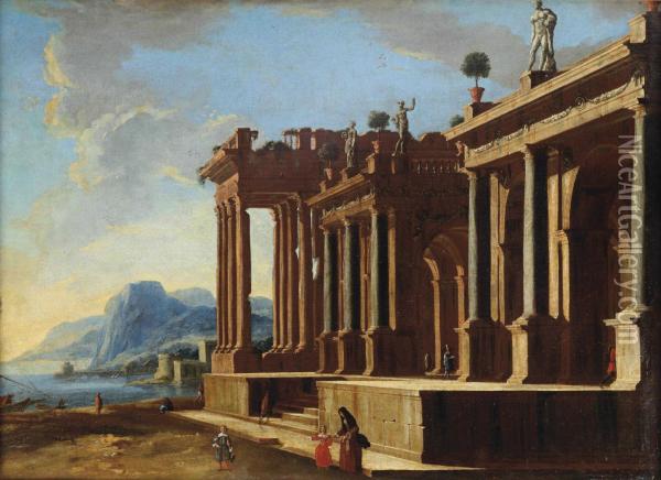 A Capriccio View With A Classical Temple Ruin Along A Mountainouscoast Oil Painting - Viviano Codazzi