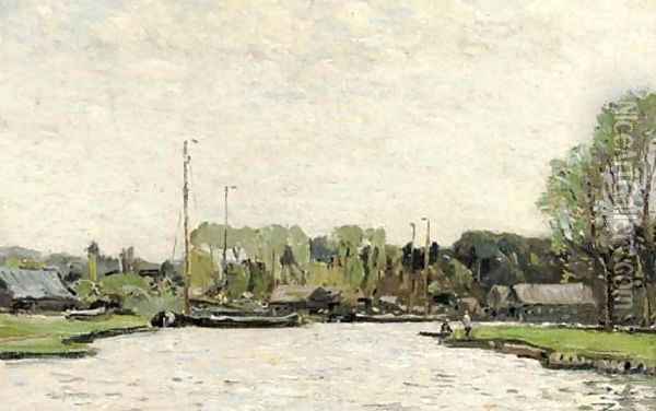 Moored boats on the Norfolk Broads Oil Painting - English School