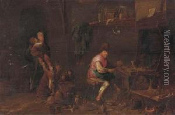A Peasant Family In Their Workshop Oil Painting - David The Younger Ryckaert