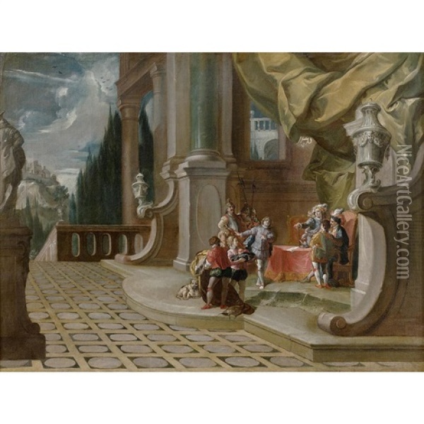 Passing Of Power In A Palace With The Name Of Jesus In The Upper Right Oil Painting - Francesco Salvator Fontebasso